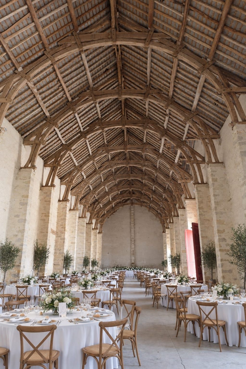 La charpente monumentale de La Grange, vue en contre-plongée, salle dressée pour un mariage