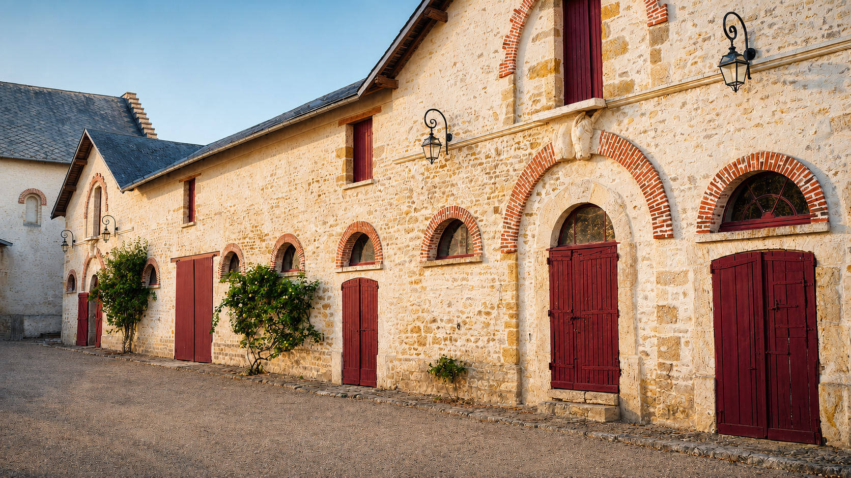Les façades en pierre des deux gîtes, ouvertes sur la cour du domaine
